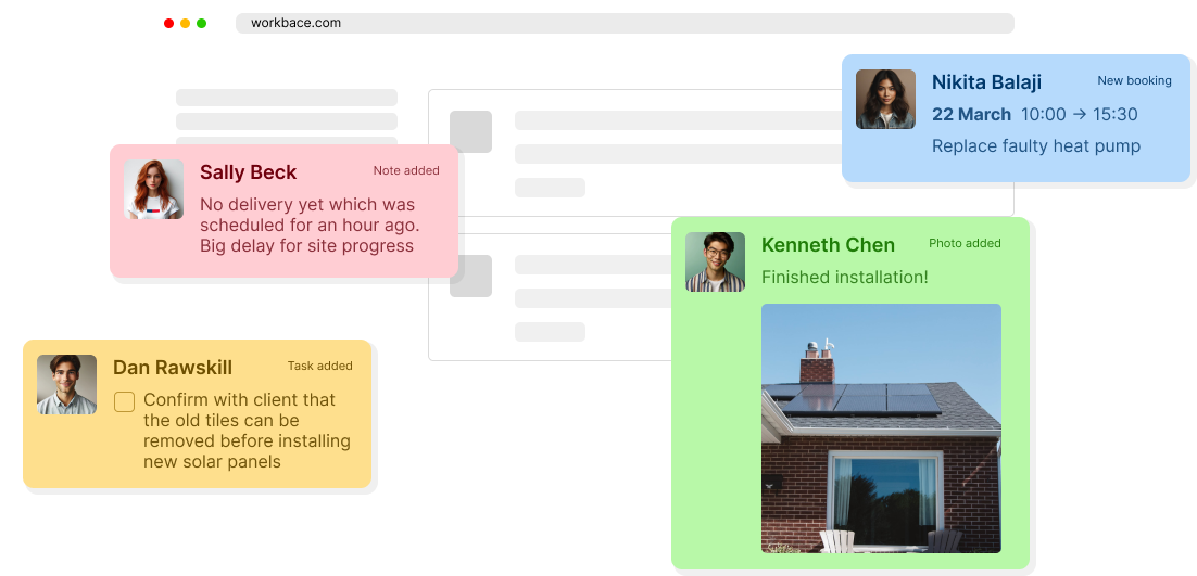 Graphic showing the types of activity fed into the platform including notes, tasks, bookings and photos.